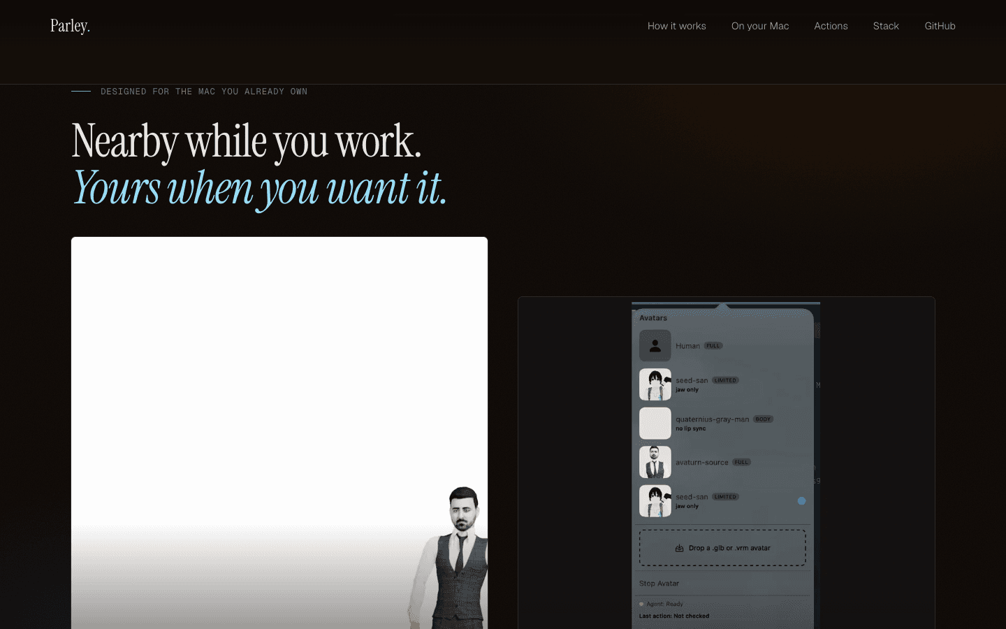 The live Parley Mac experience with a full-body avatar beside a native menu showing avatar capability badges and a Finder drop target.