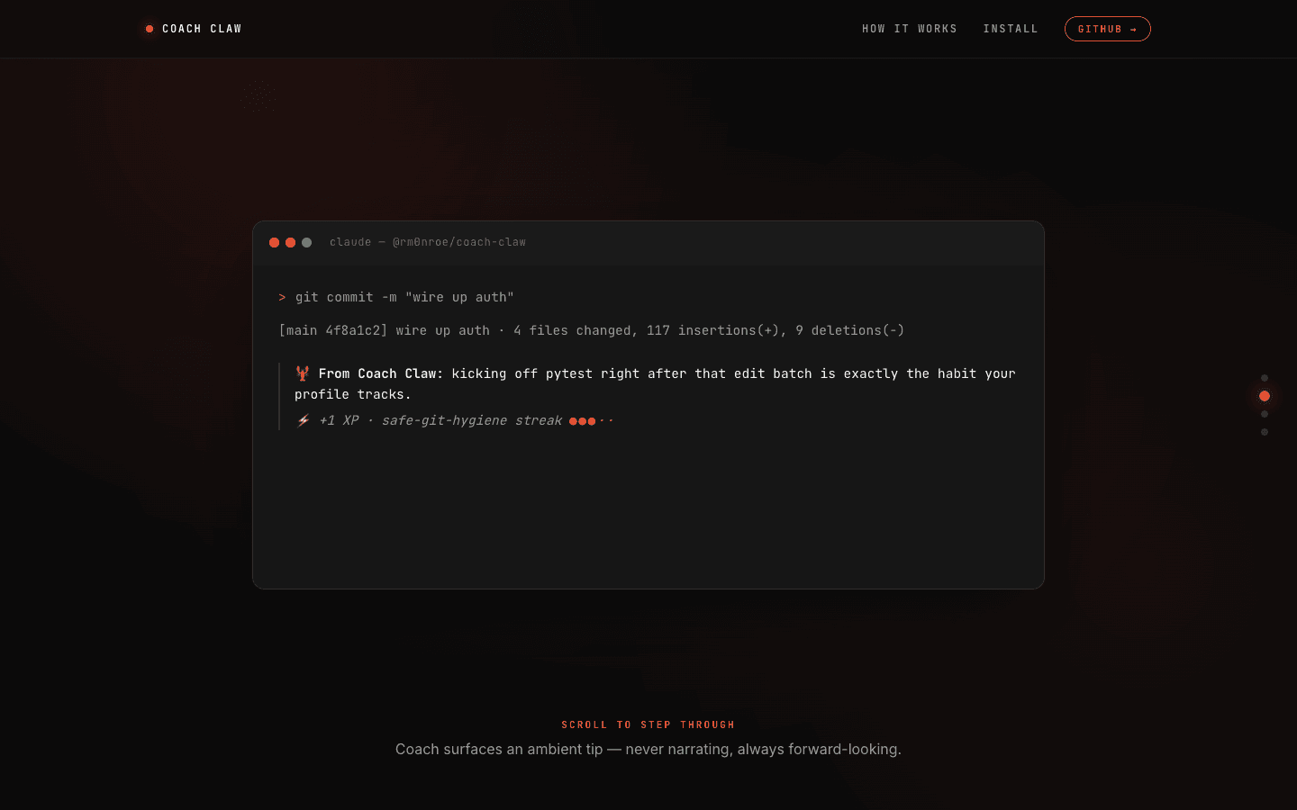 Coach Claw public demo showing a git commit followed by an ambient coaching tip and XP streak feedback.