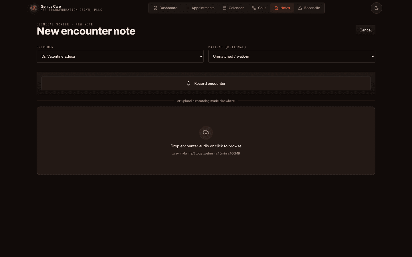 New encounter note screen with provider and optional patient selected, and a record or upload control for encounter audio.