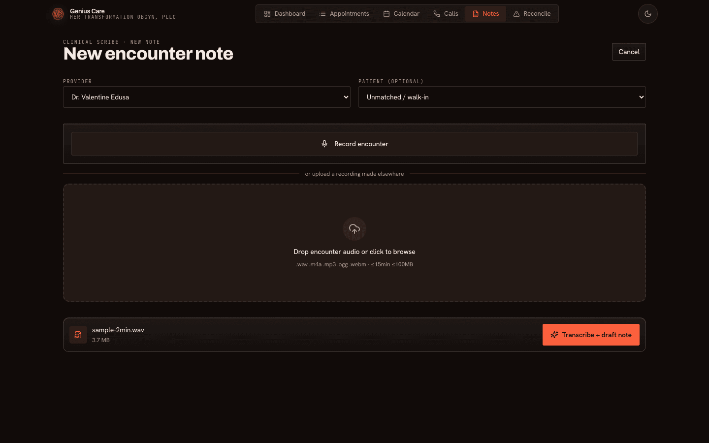 The same screen with an audio file staged and a transcribe and draft note action available.