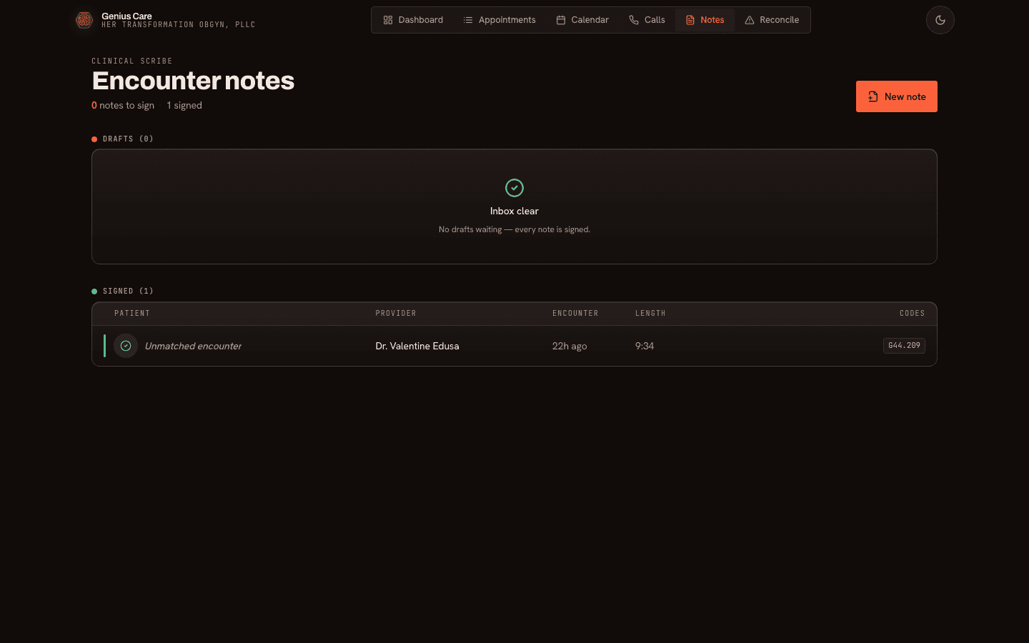 Encounter notes list with an empty drafts queue and one signed note showing its provider, encounter time, length, and diagnosis code.